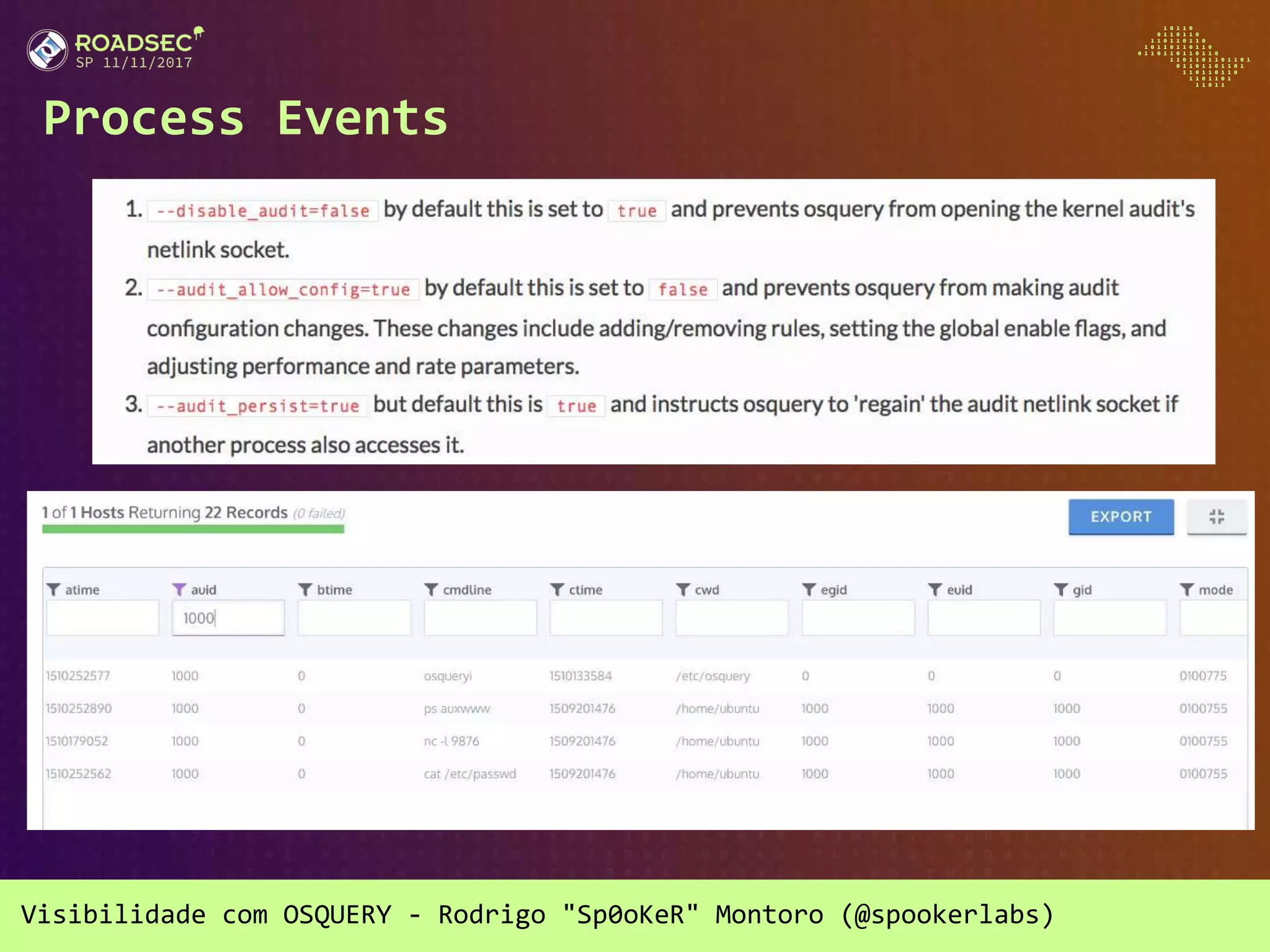 Visibilidade com OSQUERY - Rodrigo "Sp0oKeR" Montoro (@spookerlabs)
Process Events
 