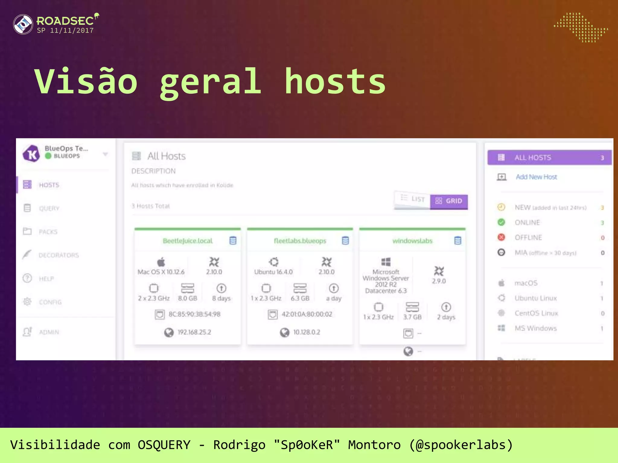 Visibilidade com OSQUERY - Rodrigo "Sp0oKeR" Montoro (@spookerlabs)
Visão geral hosts
 