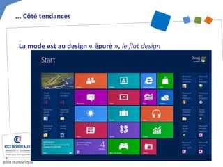 ... Côté tendances
La mode est au design « épuré », le flat design
Il s’agit ici de se débarrasser de tout effet de profondeur pour éviter une
impression de superflu visuel et se concentrer sur l’essentiel pour transmettre
une information, faciliter la navigation.
 