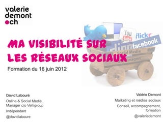 Ma visibilité sur
les réseaux sociaux
Formation du 16 juin 2012




David Labouré                           Valérie Demont
Online & Social Media       Marketing et médias sociaux
Manager c/o Veltigroup       Conseil, accompagnement,
Indépendant                                  formation
@davidlaboure                          @valeriedemont
 