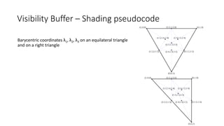 Visibility Buffer – Shading pseudocode
Barycentric coordinates λ1, λ2, λ3 on an equilateral triangle
and on a right triangle
 