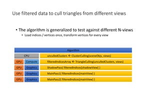 Use filtered data to cull triangles from different views
• The algorithm is generalized to test against different N-views
• Load indices / vertices once, transform vertices for every view
Algorithm
unculledClusters  ClusterCulling(sceneObjs, views)
filteredIndicesArray  TriangleCulling(unculledClusters, views)
ShadowPass( filteredIndices[shadowView] )
MainPass1( filteredIndices[mainView] )
CPU
GPU
GPU
GPU
Compute
Graphics
Graphics
MainPass2( filteredIndices[mainView] )GPU Graphics
 