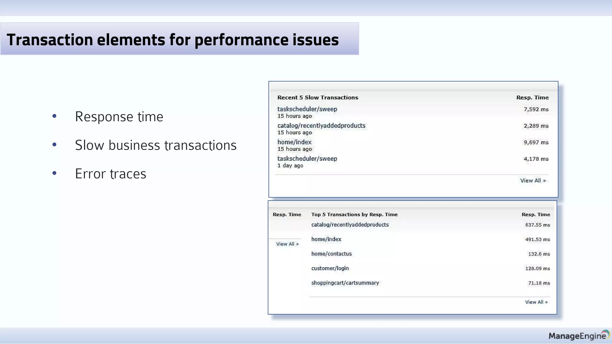 • Response time
• Slow business transactions
• Error traces
Transaction elements for performance issues
 