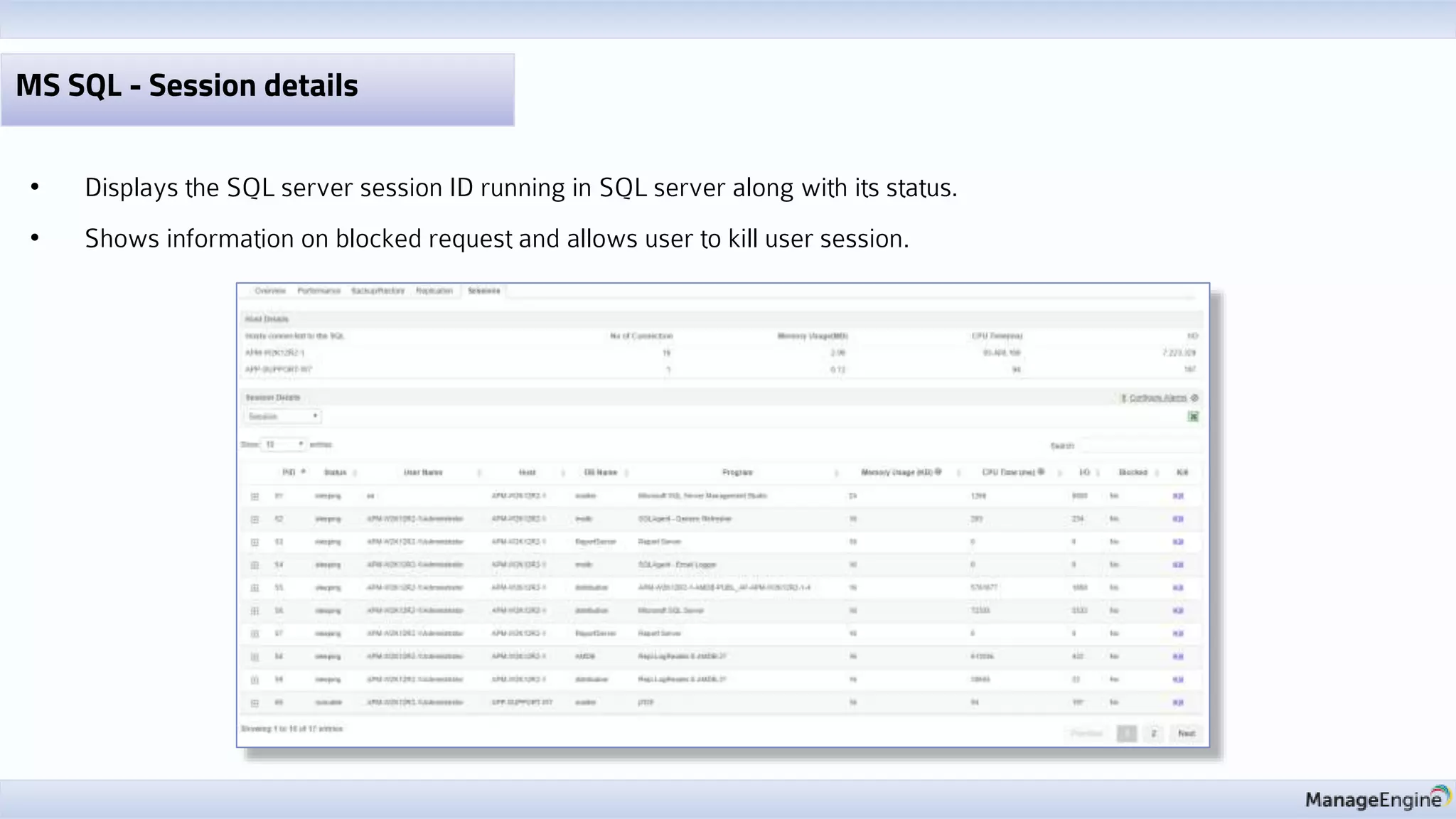 MS SQL - Session details
• Displays the SQL server session ID running in SQL server along with its status.
• Shows information on blocked request and allows user to kill user session.
 