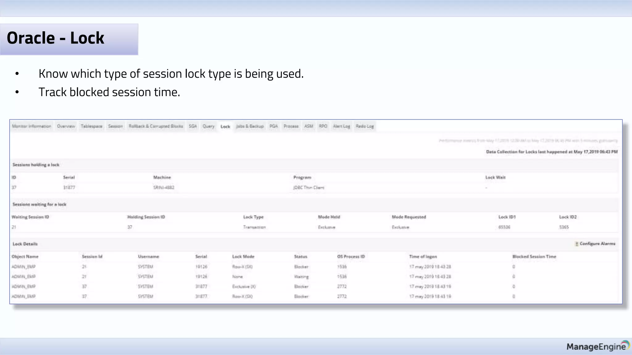 Oracle - Lock
• Know which type of session lock type is being used.
• Track blocked session time.
 