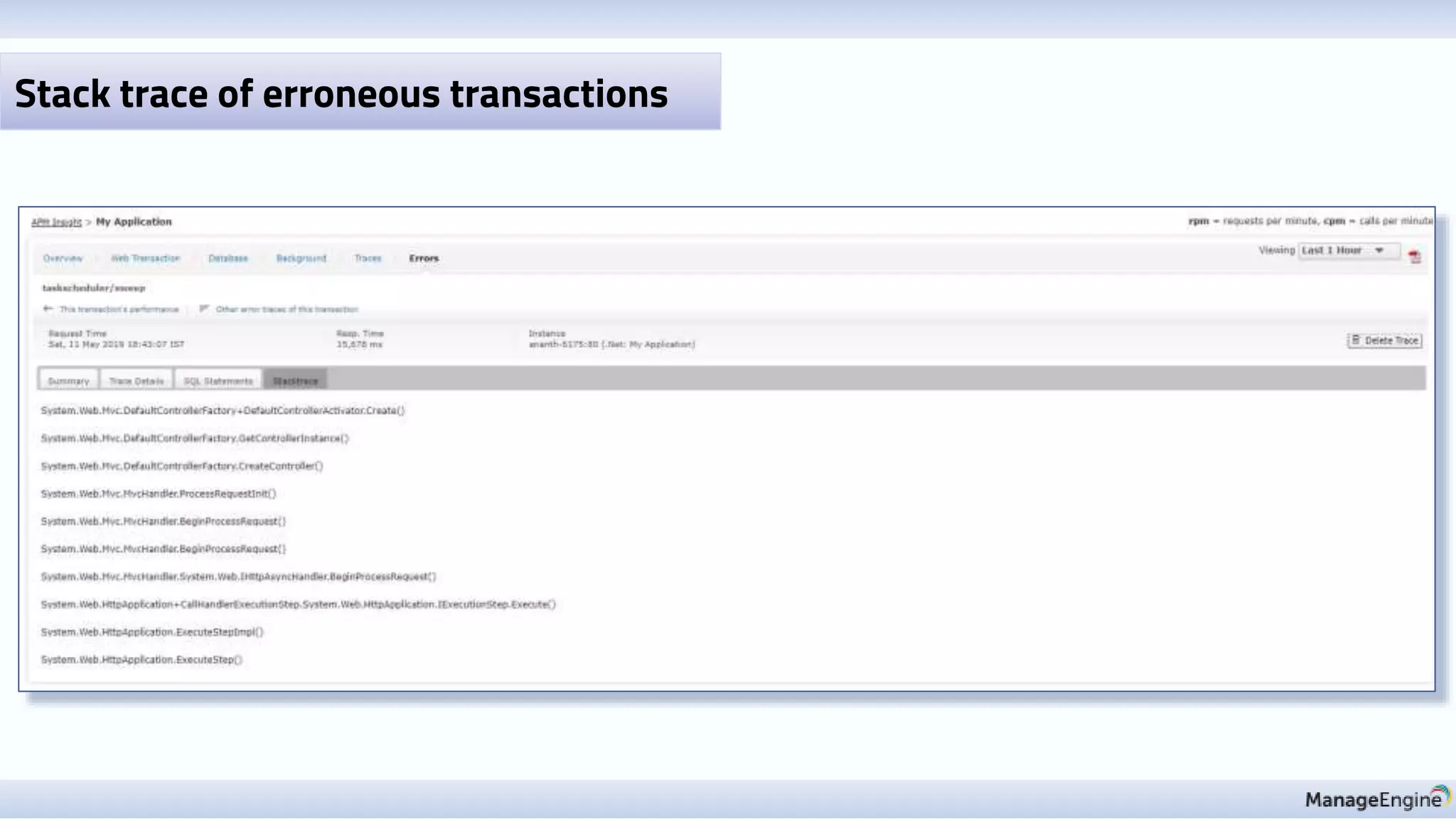 Stack trace of erroneous transactions
 
