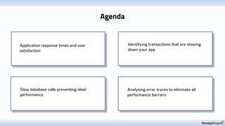 Agenda
Application response times and user
satisfaction
Identifying transactions that are slowing
down your app
Slow database calls preventing ideal
performance
Analysing error traces to eliminate all
performance barriers
 