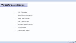 • JVM Cpu usage
• Heap & Non heap memory
• Just in time compiler
• JVM Classes count
• Garbage collection details
• Thread details
• Configuration details
JVM performance insights
 