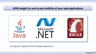 APM Insight for end to end visibility of your web applications
Coming soon: Support for PHP and Node.js applications.
 