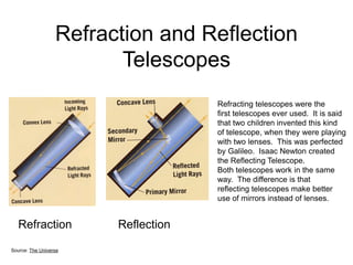 Refraction and Reflection
Telescopes
Refraction Reflection
Source: The Universe
Refracting telescopes were the
first telescopes ever used. It is said
that two children invented this kind
of telescope, when they were playing
with two lenses. This was perfected
by Galileo. Isaac Newton created
the Reflecting Telescope.
Both telescopes work in the same
way. The difference is that
reflecting telescopes make better
use of mirrors instead of lenses.
 