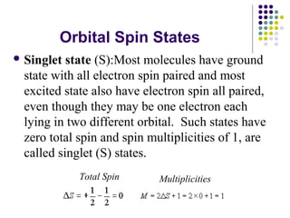 Orbital Spin States 
Singlet state (S):Most molecules have ground 
state with all electron spin paired and most 
excited state also have electron spin all paired, 
even though they may be one electron each 
lying in two different orbital. Such states have 
zero total spin and spin multiplicities of 1, are 
called singlet (S) states. 
Total Spin Multiplicities 
 