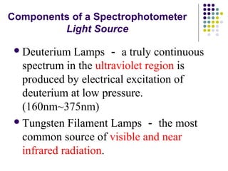 Components of a Spectrophotometer 
Light Source 
Deuterium Lamps－a truly continuous 
spectrum in the ultraviolet region is 
produced by electrical excitation of 
deuterium at low pressure. 
(160nm~375nm) 
Tungsten Filament Lamps－the most 
common source of visible and near 
infrared radiation. 
 