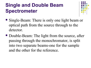 Single and Double Beam 
Spectrometer 
Single-Beam: There is only one light beam or 
optical path from the source through to the 
detector. 
Double-Beam: The light from the source, after 
passing through the monochromator, is split 
into two separate beams-one for the sample 
and the other for the reference. 
 