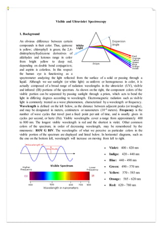 Visible and Ultraviolet Spectroscopy
1. Background
An obvious difference between certain
compounds is their color. Thus, quinone
is yellow; chlorophyll is green; the 2,4-
dinitrophenylhydrazone derivatives of
aldehydes and ketones range in color
from bright yellow to deep red,
depending on double bond conjugation;
and aspirin is colorless. In this respect
the human eye is functioning as a
spectrometer analyzing the light reflected from the surface of a solid or passing through a
liquid. Although we see sunlight (or white light) as uniform or homogeneous in color, it is
actually composed of a broad range of radiation wavelengths in the ultraviolet (UV), visible
and infrared (IR) portions of the spectrum. As shown on the right, the component colors of the
visible portion can be separated by passing sunlight through a prism, which acts to bend the
light in differing degrees according to wavelength. Electromagnetic radiation such as visible
light is commonly treated as a wave phenomenon, characterized by a wavelength or frequency.
Wavelength is defined on the left below, as the distance between adjacent peaks (or troughs),
and may be designated in meters, centimeters or nanometers (10-9 meters). Frequency is the
number of wave cycles that travel past a fixed point per unit of time, and is usually given in
cycles per second, or hertz (Hz). Visible wavelengths cover a range from approximately 400
to 800 nm. The longest visible wavelength is red and the shortest is violet. Other common
colors of the spectrum, in order of decreasing wavelength, may be remembered by the
mnemonic: ROY G BIV. The wavelengths of what we perceive as particular colors in the
visible portion of the spectrum are displayed and listed below. In horizontal diagrams, such as
the one on the bottom left, wavelength will increase on moving from left to right.
 Violet: 400 - 420 nm
 Indigo: 420 - 440 nm
 Blue: 440 - 490 nm
 Green: 490 - 570 nm
 Yellow: 570 - 585 nm
 Orange: 585 - 620 nm
 Red: 620 - 780 nm
 