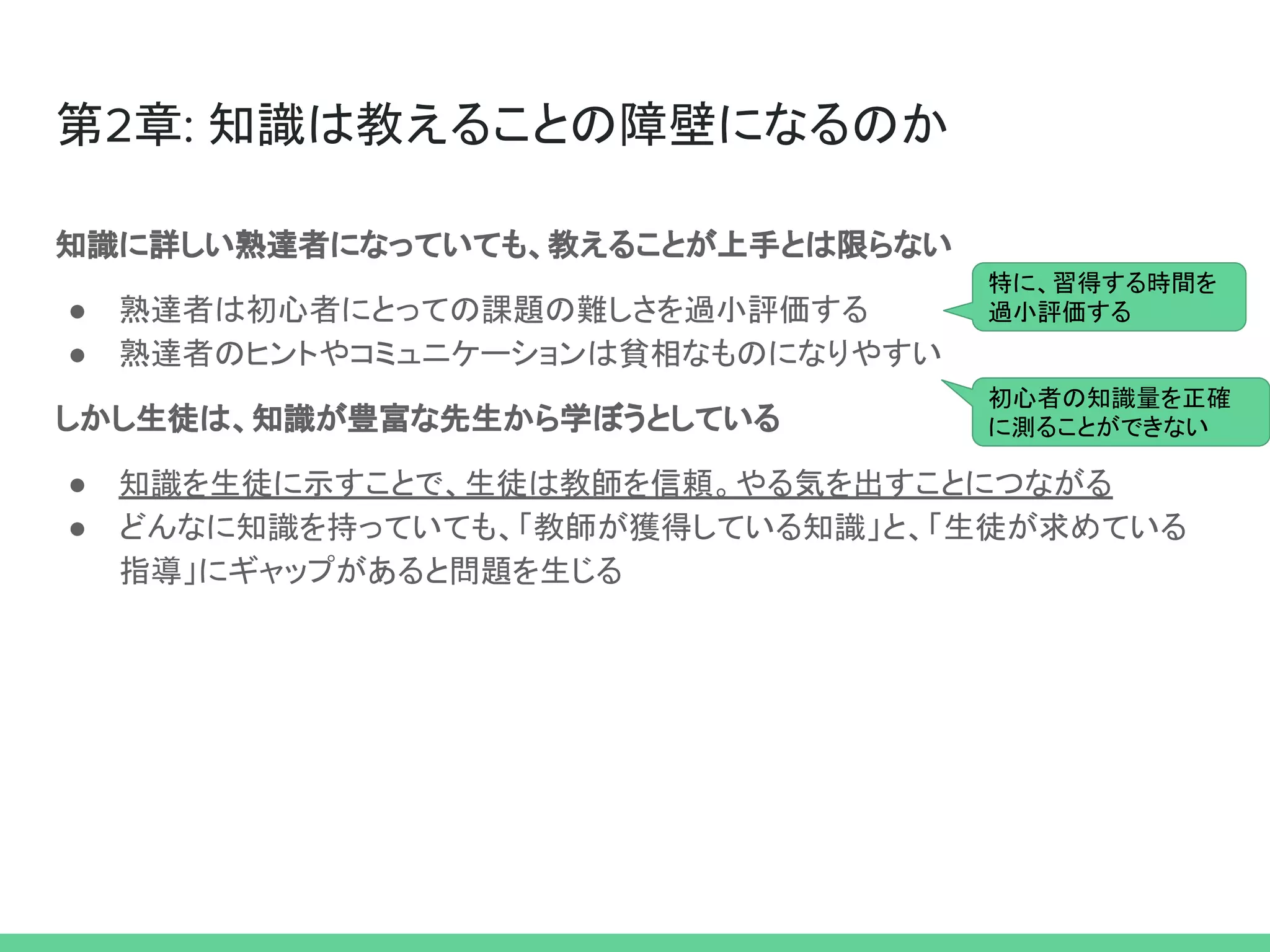 第2章: 知識は教えることの障壁になるのか
知識に詳しい熟達者になっていても、教えることが上手とは限らない
● 熟達者は初心者にとっての課題の難しさを過小評価する
● 熟達者のヒントやコミュニケーションは貧相なものになりやすい
しかし生徒は、知識が豊富な先生から学ぼうとしている
● 知識を生徒に示すことで、生徒は教師を信頼。やる気を出すことにつながる
● どんなに知識を持っていても、「教師が獲得している知識」と、「生徒が求めている
指導」にギャップがあると問題を生じる
特に、習得する時間を
過小評価する
初心者の知識量を正確
に測ることができない
 