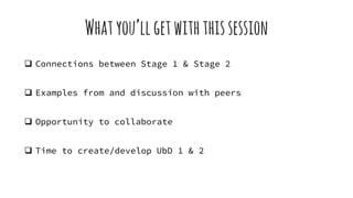Whatyou’llgetwiththissession
 Connections between Stage 1 & Stage 2
 Examples from and discussion with peers
 Opportunity to collaborate
 Time to create/develop UbD 1 & 2
 