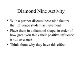 Diamond Nine Activity
• With a partner discuss these nine factors
  that influence student achievement
• Place them in a diamond shape, in order of
  how great you think their positive influence
  is (on average)
• Think about why they have this effect
 