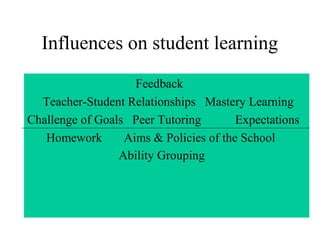 Influences on student learning
                    Feedback
  Teacher-Student Relationships Mastery Learning
Challenge of Goals Peer Tutoring        Expectations
   Homework       Aims & Policies of the School
                 Ability Grouping
 