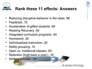 Rank these 11 effects: Answers Reducing disruptive behavior in the class .86 Feedback .72 Acceleration of gifted students .60 Reading Recovery .50 Integrated curriculum programs .40 Homework .30 Individualized instruction .20 Ability grouping .10 Open vs. traditional classes .00 Retention (hold back a year) -.16 Shifting schools -.34 