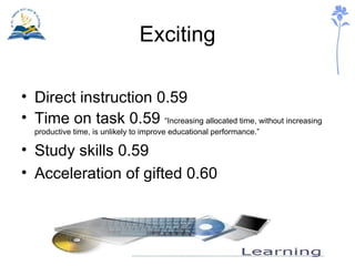 Exciting Direct instruction 0.59 Time on task 0.59  “Increasing allocated time, without increasing productive time, is unlikely to improve educational performance.” Study skills 0.59 Acceleration of gifted 0.60 