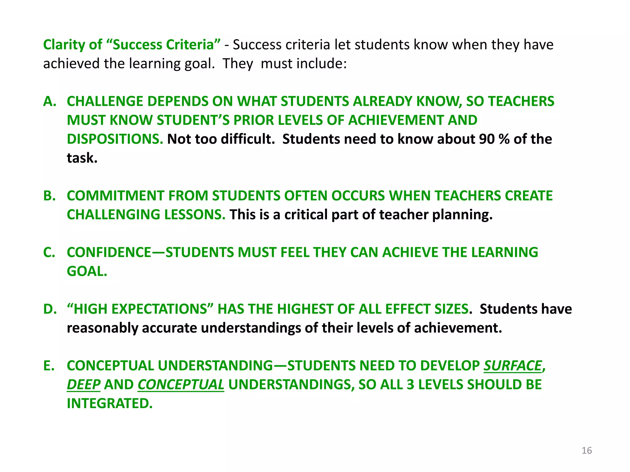 Clarity of “Success Criteria” - Success criteria let students know when they have
achieved the learning goal. They must include:
A. CHALLENGE DEPENDS ON WHAT STUDENTS ALREADY KNOW, SO TEACHERS
MUST KNOW STUDENT’S PRIOR LEVELS OF ACHIEVEMENT AND
DISPOSITIONS. Not too difficult. Students need to know about 90 % of the
task.
B. COMMITMENT FROM STUDENTS OFTEN OCCURS WHEN TEACHERS CREATE
CHALLENGING LESSONS. This is a critical part of teacher planning.
C. CONFIDENCE—STUDENTS MUST FEEL THEY CAN ACHIEVE THE LEARNING
GOAL.
D. “HIGH EXPECTATIONS” HAS THE HIGHEST OF ALL EFFECT SIZES. Students have
reasonably accurate understandings of their levels of achievement.
E. CONCEPTUAL UNDERSTANDING—STUDENTS NEED TO DEVELOP SURFACE,
DEEP AND CONCEPTUAL UNDERSTANDINGS, SO ALL 3 LEVELS SHOULD BE
INTEGRATED.
16
 