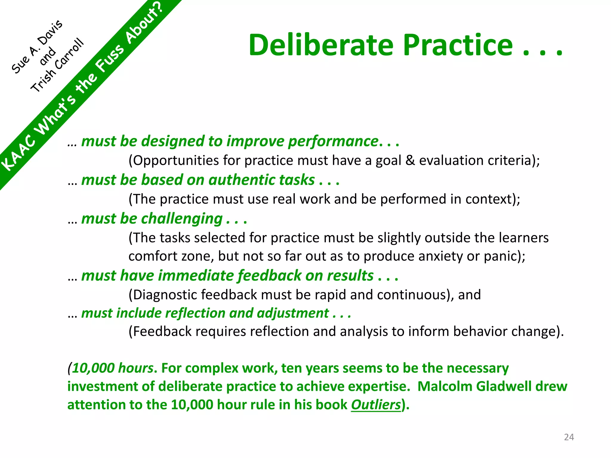 Deliberate Practice . . .
… must be designed to improve performance. . .
(Opportunities for practice must have a goal & evaluation criteria);
… must be based on authentic tasks . . .
(The practice must use real work and be performed in context);
… must be challenging . . .
(The tasks selected for practice must be slightly outside the learners
comfort zone, but not so far out as to produce anxiety or panic);
… must have immediate feedback on results . . .
(Diagnostic feedback must be rapid and continuous), and
… must include reflection and adjustment . . .
(Feedback requires reflection and analysis to inform behavior change).
(10,000 hours. For complex work, ten years seems to be the necessary
investment of deliberate practice to achieve expertise. Malcolm Gladwell drew
attention to the 10,000 hour rule in his book Outliers).
24
 