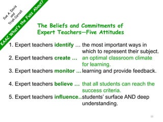 The Beliefs and Commitments of
Expert Teachers—Five Attitudes
1. Expert teachers identify …
2. Expert teachers create …
3. Expert teachers monitor …
4. Expert teachers believe …
5. Expert teachers influence…
the most important ways in
which to represent their subject.
an optimal classroom climate
for learning.
learning and provide feedback.
that all students can reach the
success criteria.
students’ surface AND deep
understanding.
10
 