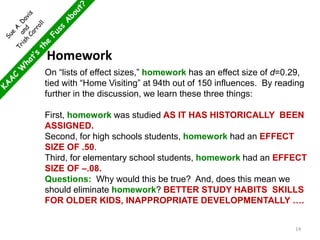 Homework
On “lists of effect sizes,” homework has an effect size of d=0.29,
tied with “Home Visiting” at 94th out of 150 influences. By reading
further in the discussion, we learn these three things:
First, homework was studied AS IT HAS HISTORICALLY BEEN
ASSIGNED.
Second, for high schools students, homework had an EFFECT
SIZE OF .50.
Third, for elementary school students, homework had an EFFECT
SIZE OF –.08.
Questions: Why would this be true? And, does this mean we
should eliminate homework? BETTER STUDY HABITS SKILLS
FOR OLDER KIDS, INAPPROPRIATE DEVELOPMENTALLY ….
14
 