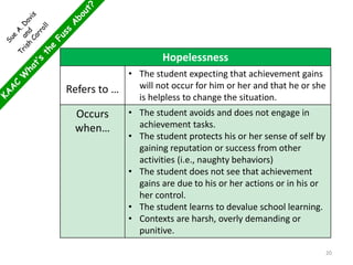 Hopelessness
Refers to …
• The student expecting that achievement gains
will not occur for him or her and that he or she
is helpless to change the situation.
Occurs
when…
• The student avoids and does not engage in
achievement tasks.
• The student protects his or her sense of self by
gaining reputation or success from other
activities (i.e., naughty behaviors)
• The student does not see that achievement
gains are due to his or her actions or in his or
her control.
• The student learns to devalue school learning.
• Contexts are harsh, overly demanding or
punitive.
20
 