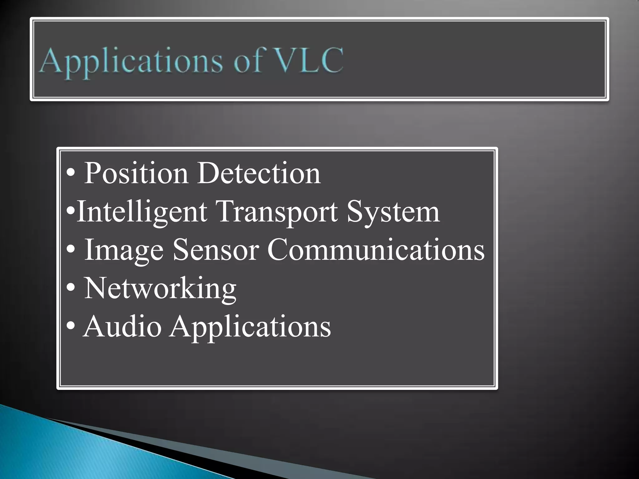 • Position Detection
•Intelligent Transport System
• Image Sensor Communications
• Networking
• Audio Applications