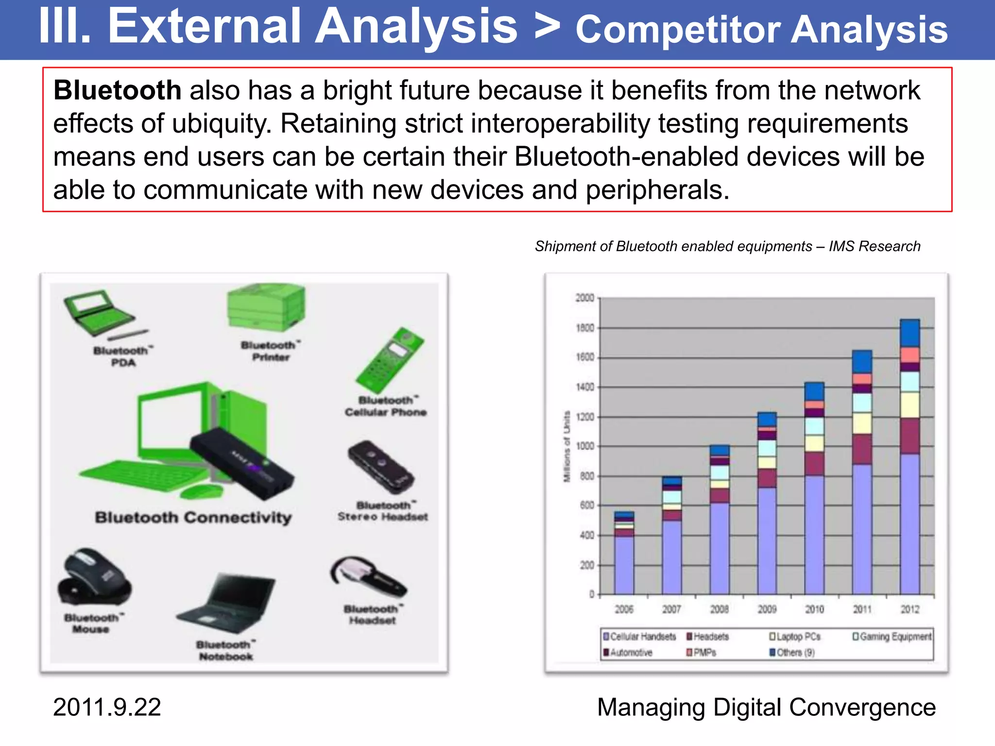 III. External Analysis > Competitor Analysis
Bluetooth also has a bright future because it benefits from the network
effects of ubiquity. Retaining strict interoperability testing requirements
means end users can be certain their Bluetooth-enabled devices will be
able to communicate with new devices and peripherals.
                                         Shipment of Bluetooth enabled equipments – IMS Research




2011.9.22                                        Managing Digital Convergence
 