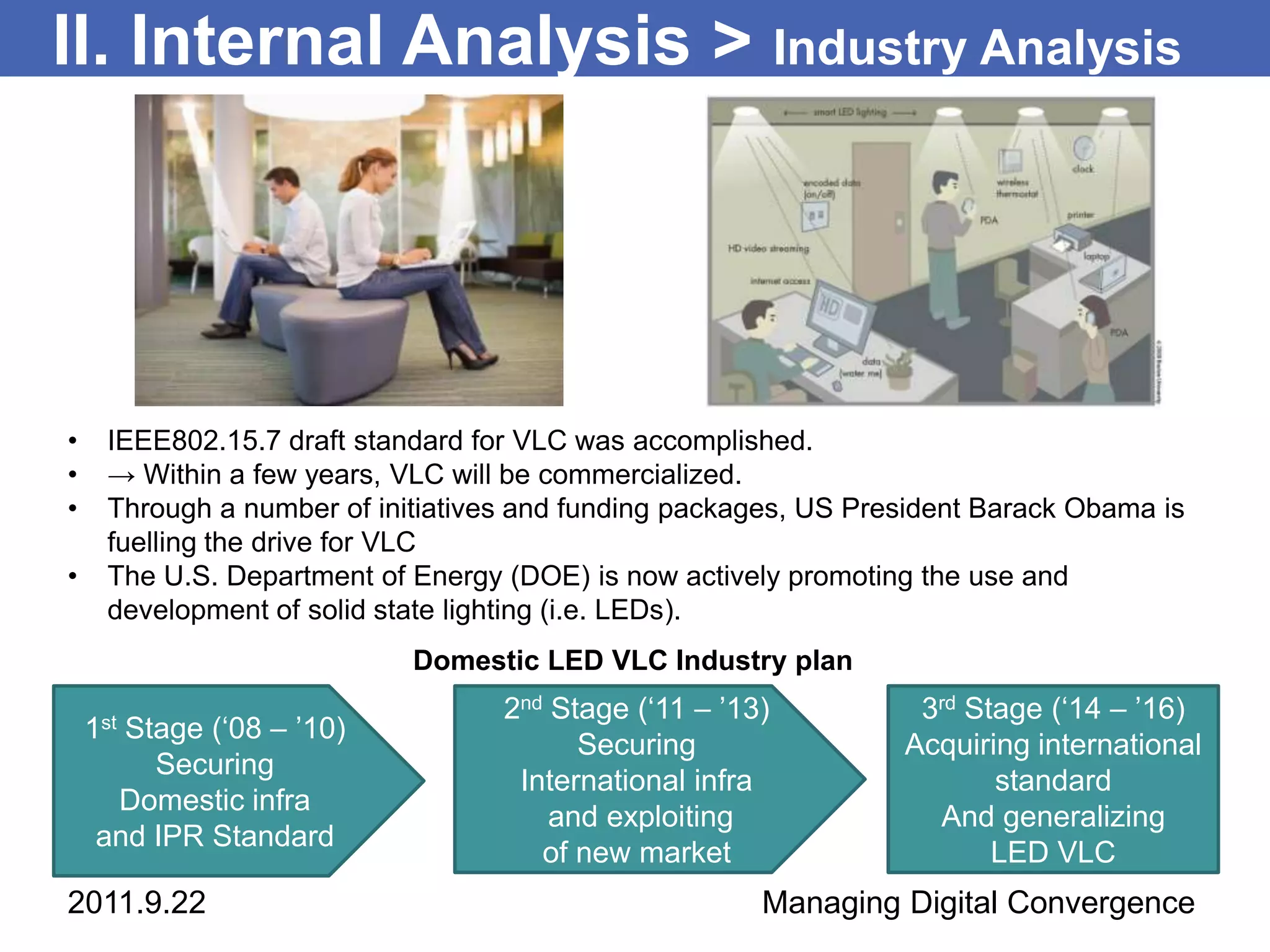 II. Internal Analysis > Industry Analysis




•     IEEE802.15.7 draft standard for VLC was accomplished.
•     → Within a few years, VLC will be commercialized.
•     Through a number of initiatives and funding packages, US President Barack Obama is
      fuelling the drive for VLC
•     The U.S. Department of Energy (DOE) is now actively promoting the use and
      development of solid state lighting (i.e. LEDs).
                             Domestic LED VLC Industry plan
                                    2nd Stage (‘11 – ’13)          3rd Stage (‘14 – ’16)
    1stStage (‘08 – ’10)
                                          Securing                Acquiring international
         Securing
                                     International infra                 standard
      Domestic infra
                                        and exploiting              And generalizing
     and IPR Standard
                                       of new market                     LED VLC
2011.9.22                                               Managing Digital Convergence
 