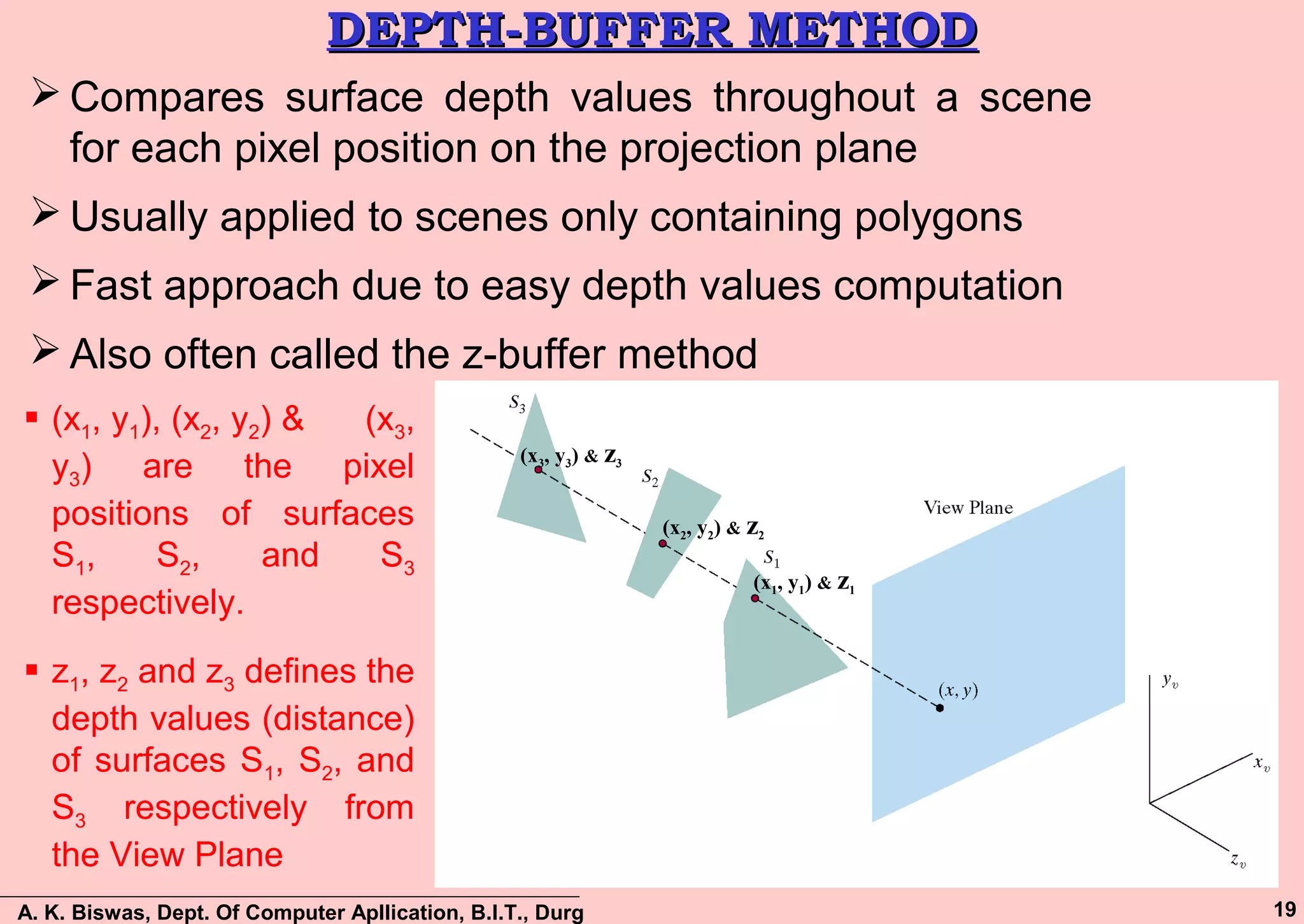 A. K. Biswas, Dept. Of Computer Apllication, B.I.T., Durg 19
DEPTH-BUFFER METHODDEPTH-BUFFER METHOD
 Compares surface depth values throughout a scene
for each pixel position on the projection plane
 Usually applied to scenes only containing polygons
 Fast approach due to easy depth values computation
 Also often called the z-buffer method
(x2, y2) & z2
(x3, y3) & z3
(x1, y1) & z1
 (x1, y1), (x2, y2) & (x3,
y3) are the pixel
positions of surfaces
S1, S2, and S3
respectively.
 z1, z2 and z3 defines the
depth values (distance)
of surfaces S1, S2, and
S3 respectively from
the View Plane
 