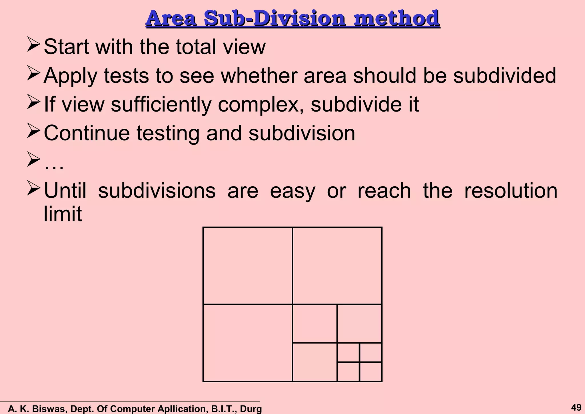 A. K. Biswas, Dept. Of Computer Apllication, B.I.T., Durg 49
Area Sub-Division methodArea Sub-Division method
Start with the total view
Apply tests to see whether area should be subdivided
If view sufficiently complex, subdivide it
Continue testing and subdivision
…
Until subdivisions are easy or reach the resolution
limit
 