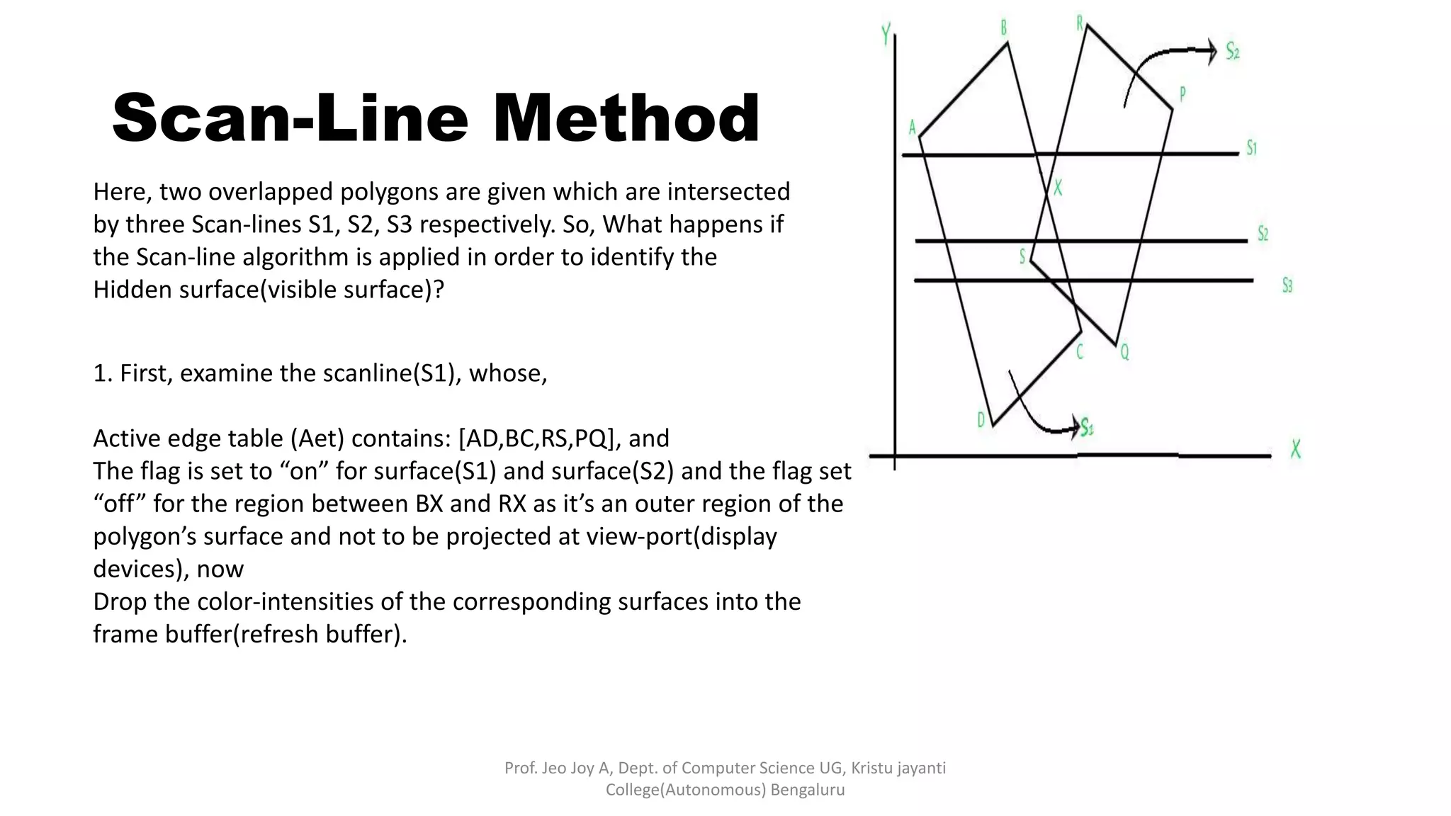 Scan-Line Method
Prof. Jeo Joy A, Dept. of Computer Science UG, Kristu jayanti
College(Autonomous) Bengaluru
Here, two overlapped polygons are given which are intersected
by three Scan-lines S1, S2, S3 respectively. So, What happens if
the Scan-line algorithm is applied in order to identify the
Hidden surface(visible surface)?
1. First, examine the scanline(S1), whose,
Active edge table (Aet) contains: [AD,BC,RS,PQ], and
The flag is set to “on” for surface(S1) and surface(S2) and the flag set
“off” for the region between BX and RX as it’s an outer region of the
polygon’s surface and not to be projected at view-port(display
devices), now
Drop the color-intensities of the corresponding surfaces into the
frame buffer(refresh buffer).
 