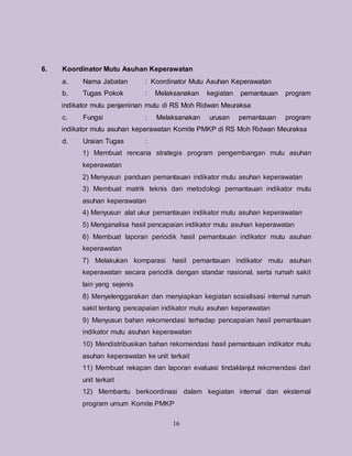16
6. Koordinator Mutu Asuhan Keperawatan
a. Nama Jabatan : Koordinator Mutu Asuhan Keperawatan
b. Tugas Pokok : Melaksanakan kegiatan pemantauan program
indikator mutu penjaminan mutu di RS Moh Ridwan Meuraksa
c. Fungsi : Melaksanakan urusan pemantauan program
indikator mutu asuhan keperawatan Komite PMKP di RS Moh Ridwan Meuraksa
d. Uraian Tugas :
1) Membuat rencana strategis program pengembangan mutu asuhan
keperawatan
2) Menyusun panduan pemantauan indikator mutu asuhan keperawatan
3) Membuat matrik teknis dan metodologi pemantauan indikator mutu
asuhan keperawatan
4) Menyusun alat ukur pemantauan indikator mutu asuhan keperawatan
5) Menganalisa hasil pencapaian indikator mutu asuhan keperawatan
6) Membuat laporan periodik hasil pemantauan indikator mutu asuhan
keperawatan
7) Melakukan komparasi hasil pemantauan indikator mutu asuhan
keperawatan secara periodik dengan standar nasional, serta rumah sakit
lain yang sejenis
8) Menyelenggarakan dan menyiapkan kegiatan sosialisasi internal rumah
sakit tentang pencapaian indikator mutu asuhan keperawatan
9) Menyusun bahan rekomendasi terhadap pencapaian hasil pemantauan
indikator mutu asuhan keperawatan
10) Mendistribusikan bahan rekomendasi hasil pemantauan indikator mutu
asuhan keperawatan ke unit terkait
11) Membuat rekapan dan laporan evaluasi tindaklanjut rekomendasi dari
unit terkait
12) Membantu berkoordinasi dalam kegiatan internal dan eksternal
program umum Komite PMKP
 