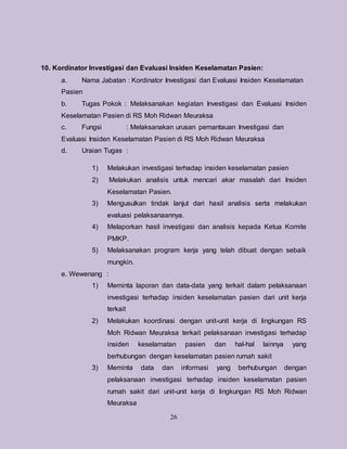26
10. Kordinator Investigasi dan Evaluasi Insiden Keselamatan Pasien:
a. Nama Jabatan : Kordinator Investigasi dan Evaluasi Insiden Keselamatan
Pasien
b. Tugas Pokok : Melaksanakan kegiatan Investigasi dan Evaluasi Insiden
Keselamatan Pasien di RS Moh Ridwan Meuraksa
c. Fungsi : Melaksanakan urusan pemantauan Investigasi dan
Evaluasi Insiden Keselamatan Pasien di RS Moh Ridwan Meuraksa
d. Uraian Tugas :
1) Melakukan investigasi terhadap insiden keselamatan pasien
2) Melakukan analisis untuk mencari akar masalah dari Insiden
Keselamatan Pasien.
3) Mengusulkan tindak lanjut dari hasil analisis serta melakukan
evaluasi pelaksanaannya.
4) Melaporkan hasil investigasi dan analisis kepada Ketua Komite
PMKP.
5) Melaksanakan program kerja yang telah dibuat dengan sebaik
mungkin.
e. Wewenang :
1) Meminta laporan dan data-data yang terkait dalam pelaksanaan
investigasi terhadap insiden keselamatan pasien dari unit kerja
terkait
2) Melakukan koordinasi dengan unit-unit kerja di lingkungan RS
Moh Ridwan Meuraksa terkait pelaksanaan investigasi terhadap
insiden keselamatan pasien dan hal-hal lainnya yang
berhubungan dengan keselamatan pasien rumah sakit
3) Meminta data dan informasi yang berhubungan dengan
pelaksanaan investigasi terhadap insiden keselamatan pasien
rumah sakit dari unit-unit kerja di lingkungan RS Moh Ridwan
Meuraksa
 