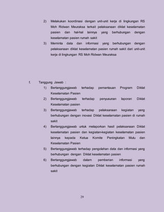 29
2) Melakukan koordinasi dengan unit-unit kerja di lingkungan RS
Moh Ridwan Meuraksa terkait pelaksanaan diklat keselamatan
pasien dan hal-hal lainnya yang berhubungan dengan
keselamatan pasien rumah sakit
3) Meminta data dan informasi yang berhubungan dengan
pelaksanaan diklat keselamatan pasien rumah sakit dari unit-unit
kerja di lingkungan RS Moh Ridwan Meuraksa
f. Tanggung Jawab :
1) Bertanggungjawab terhadap pemantauan Program Diklat
Keselamatan Pasien
2) Bertanggungjawab terhadap penyusunan laporan Diklat
Keselamatan pasien
3) Bertanggungjawab terhadap pelaksanaan kegiatan yang
berhubungan dengan inovasi Diklat keselamatan pasien di rumah
sakit
4) Bertanggungjawab untuk melaporkan hasil pelaksanaan Diklat
keselamatan pasien dan kegiatan-kegiatan keselamatan pasien
lainnya kepada Ketua Komite Peningkatan Mutu dan
Keselamatan Pasien
5) Bertanggungjawab terhadap pengolahan data dan informasi yang
berhubungan dengan Diklat keselamatan pasien
6) Bertanggungjawab dalam pemberian informasi yang
berhubungan dengan kegiatan Diklat keselamatan pasien rumah
sakit
 