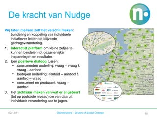 De kracht van NudgeWij laten mensen zelf het verschil maken: bundeling en koppeling van individuele initiatieven leiden tot blijvende gedragsverandering. Interactief platform om kleine zetjes te kunnen bundelen tot gezamenlijke inspanningen en resultatenEen positieve dialoog tussen:consumenten onderling: vraag – vraag & vraag – aanbod