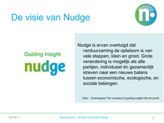 5De visie van NudgeNudge is ervan overtuigd dat verduurzaming de optelsom is van vele stappen, klein en groot. Grote verandering is mogelijk als alle partijen, individueel én gezamenlijk streven naar een nieuwe balans tussen economische, ecologische, en sociale belangen.Guiding InsightVisie – Overtuiging/ The company’s guiding insight into its world02/18/11Opinionators – Drivers of Social Change5