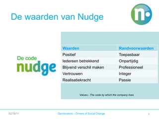 7De waarden van NudgeDe codeValues - The code by which the company lives02/18/11Opinionators – Drivers of Social Change7
