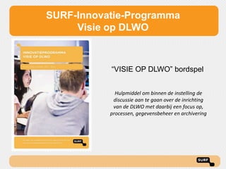 SURF-Innovatie-Programma
Visie op DLWO

“VISIE OP DLWO” bordspel
Hulpmiddel om binnen de instelling de
discussie aan te gaan over de inrichting
van de DLWO met daarbij een focus op,
processen, gegevensbeheer en archivering

 