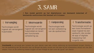 Voorbeeld: je vervangt een fysieke les over dieren naar een online oefening op bijvoorbeeld bingel. Hierbij is
het de bedoeling dat de kleuters dan op Bingel de baby versie van het dier bij de volwassene versie van het dier
slepen. Voor ze de oefening maken krijgen ze een filmpje te zien over de ‘groei’ van dieren.
= Een model gericht op het digitaliseren van bestaand materiaal of
bestaande werkvormen.Het bestaat uit 4 niveaus
Technologie wordt
ingezet als vervangend
hulpmiddel.
Technologie wordt
ingezet als vervangend
hulpmiddel en levert
een functionele
verbetering op.
Technologie leidt
tot een verbetering
van de opdrachten.
Technologie wordt op
een trans formatieve
wijze ingezet bij een
opdracht, die zonder
de app of digitale
toepassing niet
mogelijk was.
 