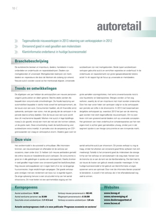 Tegenvallende nieuwverkopen in 2013 rekening van verkooppieken in 2012
	 Onroerend goed in veel gevallen een molensteen
	 Klantinformatie onderbenut in huidige businessmodel
Branchebeschrijving
Trends en ontwikkelingen
Onze visie
Kerngegevens Websites
De autobranche bestaat uit importeurs, dealers, handelaren in auto-
onderdelen en onderhouds- en reparatiebedrijven. Dealers zijn
merkgebonden of universeel. Merkgebonden bedrijven zijn merk-
dealers en -reparateurs die door de fabrikant als zodanig zijn erkend.
Nieuwe auto’s worden vooral via het merkkanaal afgezet. Universele
autobedrijven zijn niet merkgebonden. Beide typen autobedrijven
verkopen gebruikte auto’s en verrichten reparaties en onderhoud. In de
onderhouds- en reparatiemarkt zijn grote (gespecialiseerde) ketens
actief. In dit rapport ligt de focus op universele en merkdealers.
De afgelopen vier jaar hebben de verkoopcijfers van nieuwe personen-
wagens grote pieken en dalen gekend. Slechts deels werden die
bepaald door conjuncturele ontwikkelingen. De fiscale beprijzing van
automobiliteit bepaalde in sterke mate zowel het aankoopmoment, als
de keuze voor een auto. Consumenten haalden, als dit financiële winst
opleverde, aankopen naar voren, met als gevolg dat de verkopen in de
periode daarna scherp daalden. Ook de keuze voor een auto wordt
door dit mechanisme bepaald. Merken met auto’s in lage bijtellings-
niveau’s zijn gewild, terwijl een merk dat niet aan die normen voldoet,
uit de gratie raakt. Deze ontwikkeling maakt de bedrijfsvoering voor
autobedrijven extra moeilijk. In periodes voor de aanpassing van CO2
-
grenswaarden zijn vraag en verkoopdruk enorm. Dealers gaan over tot
grote aantallen voorregistraties, met soms onverantwoorde risico’s
voor liquiditeits- en balansposities. Marges worden uit het oog
verloren, waarbij de rol van importeurs niet moet worden onderschat.
Door het naar voren halen van aankopen volgt er na de verkooppiek
een periode van stilte in de showrooms. In 2012 trad tweemaal een
dergelijke verkooppiek op, waardoor 2013 het jaar van de rekening
gaat worden met sterk tegenvallende nieuwverkopen. Om te over-
leven richt een groeiend aantal dealers zich op universele concepten.
Het genereren van meer onderhoud en schadereparaties van het niet-
eigen-merk is echter geen gemakkelijke uitweg, omdat juist in dat
segment sprake is van hevige concurrentie en een krimpende markt.
Het verdienmodel in de autoretail is onhoudbaar. Alle inkomsten-
bronnen, van nieuwverkopen en aftersales tot de verkoop van
occasions, staan onder druk. Er hebben zich nieuwe aanbieders gemeld
die online nieuwe en tweedehands auto’s verkopen. De concurrentie is
groot en in alle geledingen is sprake van overcapaciteit. Daarbij drukken
in veel gevallen hoge kosten voor onroerend goed het bedrijfsresultaat.
Nog nieuwe verkooppaleizen zijn in eigen bezit of er zijn via langjarige
huurcontracten, hoge verplichtingen aangegaan. Dat goede verkoop-
jaren eindigen met een rendement van bijna nul, is eigenlijk logisch.
De enige oplossing hiervoor is een structurele krimp van het aantal
showrooms. Dit moet leiden tot een aanmerkelijke stijging van het
aantal verkochte auto’s per showroom. Dit proces verloopt nu nog te
traag, omdat het afstoten van onroerend goed flinke verliezen met zich
meebrengt. Feitelijk is het onroerend goed de molensteen die stevige
krimp van het verkoop- en servicekanaal in de weg staat. Kansen voor
de branche zijn er aan de kant van de klantbenadering. Die klant laat bij
zijn keuze de kosten van gebruik steeds zwaarder meewegen. In het
huidige businessmodel is het gebruik van klantinformatie uit eigen
systemen verre van optimaal. Door met die informatie klanten proactief
te benaderen, is zowel in het verkoop- als in het aftersaleskanaal nog
veel te winnen.
Aantal autobedrijven: 18.940
Aantal werkzame personen: ca. 82.000
Geschatte omzet autobedrijven: EUR 47,4 mrd
Verkoop nieuwe personenauto’s: 502.445
Wagenpark personenauto’s: 8.126.000
Verkoop occasions autobedrijven: 1,04 mln
Actuele sectorprognoses vindt u in onze publicatie ’Prognoses economie en sectoren’
www.bovag.nl
www.raivereniging.nl
www.dealersupportnet.nl
www.focwa.nl
autoretail
10
 