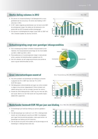 90
95
100
105
110
2003 2004 2005 2006 2007 2008 2009 2010 2011 2012
index(2005=100)
Volume Omzet
Prijs
Overige kosten
Bedrijfsresultaat
Inkoopwaarde omzet
Personeelskosten
Huisvestingskosten
4%
53%
19%
12%
12%
0%
5%
10%
15%
20%
25%
30%
35%
40%
0%
1%
2%
3%
4%
5%
6%
2007 2008 2009 2010 2011 2012
Mutatiej-o-j(%)
Aandeelintotalebestedingen
Aandeel (l-as) Groei (r-as)
2.266 2.224 2.163 2.179
2.273 2.223
314 306 295 294 303 296
138 135 131 131 136 133
0
500
1.000
1.500
2.000
2.500
2007 2008 2009 2010 2011 2012
EUR
Bestedingen (totaal, mln EUR) Per huishouden, EUR Per hoofd, EUR
Sterke daling volumes in 2012
Schaalvergroting zorgt voor gunstiger inkoopcondities
Groei internetverkopen neemt af
Nederlander besteedt EUR 703 per jaar aan kleding
Bron: CBS
Bron: HBD
Bron: Thuiswinkel.org, CBS, ABN AMRO Economisch Bureau
Bron: HBD, CBS, ABN AMRO Economisch Bureau
▶▶ De volume- en omzetontwikkeling in de kledingbranche is nauw
gerelateerd aan de conjunctuur. De sterke volumedaling in 2011
zette door in 2012.
▶▶ In 2011 deden stijgende grondstofprijzen voor het eerst sinds 2007
de verkoopprijzen stijgen. Een daling van de katoenprijs in de
eerste helft van 2012 temperde verdere prijsstijgingen.
▶▶ De volumes in de kledingbranche stegen tussen 2001 en 2007 met
18%. Sindsdien daalden de volumes met 8,5%.
▶▶ Door schaalvergroting hebben winkeliers inkoopvoordeel kunnen
realiseren. De inkoopwaarde als percentage van de omzet daalde
van 56% in 2002 naar 53% in 2012.
▶▶ Personeelskosten en huisvestingskosten stegen in deze periode
echter, waardoor het bedrijfsresultaat is gedaald naar 4%.
▶▶ Voor het uitbreken van de huidige economische crisis kende de
sector nog een bedrijfsresultaat van 8%.
▶▶ Het online aandeel in de bestedingen aan kleding en schoenen
is gegroeid van 2% in 2007 naar meer dan 7% in 2012
(EUR 730 miljoen).
▶▶ Het belangrijkste onderscheidende vermogen van online winkelen
is volgens consumenten tijdgerelateerd. Online winkelen kost
relatief weinig tijd en men kan winkelen wanneer het uitkomt.
▶▶ Groeide de online kledingverkoop in 2007 nog met meer dan 35%
jaar op jaar, daarna is zij niet meer boven een (nog steeds respec-
tabele) 20% uitgekomen.
▶▶ De bestedingen per hoofd aan kleding zijn opnieuw gedaald in
2012.
▶▶ Van alle bestedingen aan mode komt ruim 70% in kledingwinkels
terecht, een lichte daling ten opzichte van 2008. In de afgelopen
jaren zagen branchevreemde aanbieders, zoals supermarkten, de
bestedingen aan kleding juist licht toenemen.
▶▶ Ook de aanwas van grote online spelers zet het percentage van de
bestedingen in kledingwinkels onder druk.
19kledingzaken
 