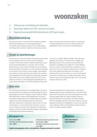 woonzaken
	 Zesde jaar op rij omzetdaling voor woonzaken
	 Bestedingen daalden met 7,5%: meer dan ooit tevoren
	 Haperende woningmarkt blijft de branche ook in 2013 parten spelen
Branchebeschrijving
Trends en ontwikkelingen
Onze visie
Kerngegevens Websites
De branche woonzaken omvat een aantal verschillende winkeltypen.
Naast de gemengde zaken zijn er winkels gespecialiseerd in
woningtextiel, vloeren (parket, laminaat en kurk), meubels, bedden,
verlichtingsartikelen, keukens en badkamers. Ook woonwarenhuizen
vallen onder deze branche. Woonzaken hebben een relatief groot
winkelvloeroppervlakte ten opzichte van andere branches in de
detailhandel en komen vrij weinig voor in hoofdwinkelcentra.
De woonbranche is binnen de retailsector waarschijnlijk de branche die
het hardst geraakt wordt door de economische crisis. Bedrijfs-
resultaten in deze branche worden niet alleen beïnvloed door factoren
als consumentenbestedingen en –vertrouwen, waar de retail als
geheel mee kampt, maar ook door het stilvallen van de woningmarkt,
waarvan de invloed onmiskenbaar is. Een verhuizing blijft de aanleiding
om het interieur te vernieuwen en nieuwe meubels, vloeren etcetera
aan te schaffen. Het samenspel tussen een afwachtende consument
en een stilgevallen woningmarkt heeft ervoor gezorgd dat woonzaken,
sinds het begin van de crisis in 2008, bijna een kwart van hun afzet
hebben zien verdwijnen. In 2012 bedroeg de volumedaling 8,4%, de
grootste daling sinds 2009 (11%). Ook het aantal banen in de branche
nam fors af, van 44.900 in 2008 naar 40.600 in 2012. Woonzaken
reageerden door de focus in het assortiment te verleggen naar
goedkopere producten. De concurrentie van branchevreemde
aanbieders is de afgelopen jaren toegenomen. Doe-het-zelfzaken,
maar ook tuincentra, nemen steeds vaker woonartikelen op in hun
assortiment. Ook internet speelt een steeds grotere rol. Oriëntatie
voor nieuwe meubels vindt steeds vaker online plaats: in 2012
oriënteerde 49% van de consumenten zich online. De aankoop zelf
vindt echter voornamelijk nog in de fysieke winkels plaats, hoewel
online hier voet aan de grond begint te krijgen: 16% van de meubel-
verkopen verliep online in 2012.
Ook in 2013 zal de woonbranche het nog moeilijk hebben. Aan de kant
van de huizenmarkt is een daling van de productie zichtbaar en ook het
aantal transacties zal niet van vandaag op morgen hersteld zijn. Volgens
ABN AMRO trekken ook de consumentenbestedingen niet snel aan.
Overheidsbezuinigingen leiden tot een koopkrachtverlies en de blijvend
negatieve economische berichtgeving drukt het consumenten-
vertrouwen. Ondernemers in deze branche zullen zich dan ook moeten
onderscheiden om in een krimpende markt toch klanten voor zich te
winnen. Profilering op internet is hierbij essentieel. Een professionele
webshop, maar ook extra online dienstverlening (advies, planningstools)
kan bijdragen aan een positieve klantbeleving.
Samenwerkingsverbanden met andere retailers of online shop-in-
shopoplossingen kunnen de overheadkosten van online shops relatief
laag houden. Voor producten die op maat worden gekocht of een hoge
investering vragen, blijven zien, voelen en proberen echter toch
belangrijke elementen in het koopproces. De fysieke winkel blijft
daarom een belangrijk kanaal voor woonwinkels. Hoewel consumenten
aangeven persoonlijke service belangrijker te vinden dan prijs, blijft prijs
ook een belangrijk middel om onderscheidend vermogen te leveren,
vooral in verhouding tot geboden kwaliteit.
Aantal winkels: 8.900
Gemiddeld winkelvloeroppervlakte gemengde
zaken: 1.784 m2
Gemiddeld winkelvloeroppervlakte meubel-
speciaalzaken: 1.146 m2
Gemiddeld winkelvloeroppervlakte keuken-
zaken: 644 m2
Actuele sectorprognoses vindt u in onze publicatie ’Prognoses economie en sectoren’
www.cbw-mitex.nl
www.meubel.nl
28
 