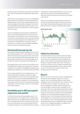 EU blijft - een regio die vorig jaar een economische krimp kende van
0,3%. Tegen die achtergrond valt de Nederlandse exportprestatie
mee.
Wel merken we op dat de stijging van de uitvoer wordt geflatteerd
door de wederuitvoer (producten die worden ingevoerd door een
Nederlandse partij en weer worden uitgevoerd zonder dat ze een
noemenswaardige bewerking hebben ondergaan). De uitvoer van
binnenslands gefabriceerde goederen deed het vorig jaar minder
goed. Deze nam toe met een schamele 0,5%, terwijl de wederuit-
voer met 7% steeg.
Dit jaar kan dat beeld dankzij de aantrekkende wereldhandel ver-
beteren: de binnenslands geproduceerde uitvoer kan weer wat
meer toenemen. Enkele indicatoren wezen in de eerste maanden
van 2013 op een aanhoudende groei van de uitvoer. Bovendien blijkt
uit diverse internationale ranglijsten dat de Nederlandse concurren-
tiepositie goed is. Dat betekent dat ons land goed in staat zou
moeten zijn om te profiteren van de aantrekkende wereldhandel.
We voorzien daarom een oplopende exportgroei.
Huizenmarkt beweegt nog niet
De woningmarkt heeft opnieuw een mager jaar achter de rug. Het
aantal transacties daalde in 2012 voor het zesde jaar op rij. Aanvan-
kelijk zal het transactievolume nog verder afnemen, onder invloed
van de minder gunstige fiscale behandeling van de eigen woning.
Ook de krappere hypotheeknormen van het Nibud spelen een rol.
Bovendien zijn de banken terughoudend bij de kredietverlening.
Een belangrijke factor voor een herstel van de woningmarkt vormt
de betaalbaarheid. Die verbetert door de lage rente en vooral door
de daling van de huizenprijzen. De betaalbaarheid beweegt door de
gedaalde prijzen geleidelijk weer richting het historisch gemiddelde.
De voorzichtige kredietverlening, de nog fragiele economie en de
minder gunstige fiscale voorwaarden voor eigen woningbezit
houden voorlopig een rem op de markt voor koopwoningen. Maar
de bodem komt in zicht door de verbeterde betaalbaarheid. Een
andere reden dat de markt kan stabiliseren, is de ontwikkeling van
de woningvoorraad. Die wordt door de achterblijvende woningbouw
steeds krapper. In 2014 verwachten wij daarom een lichte stijging
van het aantal transacties.
Gemiddelde groei in 2013 nog negatief -
volgend jaar weer positief
Al met al krimpt de economie dit jaar gemiddeld opnieuw - met
naar schatting 0,5 tot 1%. Dit negatieve cijfer is overigens groten-
deels toe te schrijven aan de negatieve doorwerking van de forse
krimp in de tweede helft van 2012. In de loop van 2013 kan dankzij
de uitvoer herstel optreden. Dat wordt echter afgeremd door de
omvangrijke ombuigingen van de overheid. De economie heeft dus
twee gezichten: de binnenlandse bestedingen krimpen, de uitvoer
groeit. Sectoren die meer op het buitenland georiënteerd zijn,
zullen beter presteren dan sectoren die (vooral) op de binnenlandse
markt actief zijn.
Dankzij de voorzichtige conjuncturele opleving kan de economie
met wat meer vaart 2014 binnengaan. In dat jaar kan de groei rich-
ting 1% gaan. De werkloosheid, die doorgaans naijlt bij de ontwik-
keling van de productie, zal echter nog enige tijd blijven oplopen.
Uitvoer groeit verder
-20
-10
0
10
20
2001 2002 2003 2004 2005 2006 2007 2008 2009 2010 2011 2012
30
40
50
60
70
Uitvoer goederen (% j-o-j; l.as)
PMI exportorders (index; r.as)
%
Bron: CBS, Markit NEVI
Inflatie kan licht dalen
De inflatie liep eind 2012 snel op richting 3%, door de verhoging
van de btw in oktober. Begin 2013 liep de inflatie nog iets verder
op, door onder meer de verhoging van enkele andere belasting-
tarieven. Zonder het effect van die belastingverhogingen was het
inflatiecijfer in de eerste maanden slechts 1,6%. In de loop van
het jaar kan de inflatie wat afnemen, doordat het opwaartse effect
van de eerdere energieprijsstijgingen afneemt en door de zwakke
conjunctuur. Bovendien valt in het najaar het effect van de
btw-stijging weg uit het inflatiecijfer.
Risico’s
Wat zijn nu de risico’s bij ons scenario? De kans op tegenvallers lijkt
wat groter dan die op meevallers. Wij gaan ervan uit dat de
(systeem-) risico’s rond de staatsschuldencrisis, dankzij diverse
maatregelen, zoveel zijn verminderd dat nieuwe, serieuze onrust op
de financiële markten kan uitblijven en het vertrouwen in de
economie geleidelijk kan verbeteren. Maar echt beteugeld is de
crisis niet. Dat bleek in maart met Cyprus. De gevolgen van het
‘geval Cyprus’ lijken mee te vallen. Maar dat betrof slechts een klein
land. Verder moet het economisch herstel in de eurozone, dat wij in
de loop van dit jaar voorzien, op gang komen door de aantrekkende
wereldeconomie. Als die opleving echter stagneert, blijft ook het
herstel hier dit jaar uit. Ook is denkbaar dat het drukkend effect dat
de ombuigingen van de overheid hebben op de groei, forser uitvalt.
Aan de andere kant moet ook worden gezegd dat als het mondiale
herstel daad-werkelijk doorzet, dit (tijdelijk) wat sneller kan gaan dan
verwacht. Op- en neergaande bewegingen na omslagen van de
conjunctuur worden nogal eens onderschat.
5Nederlandse economie
 