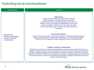 Toelichting bij de kernkwaliteiten
        Kernkwaliteiten                                                  Toelichting



                                                                         Vakmanschap
                                                   Als geen ander beschikken we over kennis en kunde van
                                                     pensioenuitvoering, vermogensbeheer en bestuurlijke
                                                ondersteuning. Met een professionele passie streven we naar
                                               kwaliteit. We zijn op de hoogte van ontwikkelingen en weten waar
                                                 we het over hebben. Omdat we niet in een ivoren toren zitten
                                               maar naast de klanten staan kunnen we onze kennis gericht voor
                                                                          hen inzetten



                                                                  Voortdurend verbeteren
 • Vakmanschap
 • Voortdurend verbeteren          We zijn kritisch naar ons zelf en onze manier van werken. Vanuit deze grondhouding zien,
                                   initiëren en implementeren we voortdurend verbeteringen. Zo zit voortdurend verbeteren
 • Verleiden Verbinden
                                        in het DNA van onze organisatie, iedere medewerker levert hier een bijdrage aan.
   Verantwoorden




                                                            Verleiden, verbinden, verantwoorden
                              We leven ons in de klant in en maken het aantrekkelijk om zich bij ons aan te sluiten. Dit noemen we
                             verleiden. Vervolgens zorgen we ervoor dat de klant zich echt aan ons bindt door deze extreem goed te
                              bedienen. Daarnaast verbinden we ons met elkaar en met externe partners ten behoeve van de klant.
                            Daarin ligt onze kracht. We luisteren en brengen mensen bij elkaar. Vervolgens leggen we verantwoording
                             af over wat we beloven. We leveren of overtreffen het verwachte resultaat en zijn transparant, open en
                                                                   eerlijk in onze bedrijfsvoering.




   7
 