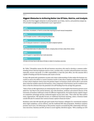 6 | A HARVARD BUSINESS REVIEW ANALYTIC SERVICES REPORT
By “folks,” Theophilus means the HR and business executives who need to develop a common under-
standing of how selected employee metrics cause, correlate with, or predict selected business outcomes,
especially revenue and profit. It is HR’s responsibility to lead this joint effort, but this assumes HR is
capable of leading and that the business side wants to be led.
To lead, HR needs both quantitative acumen and a keen understanding of what makes the business suc-
cessful as well as the ability to connect business results to data about employee performance. HR needs
to learn which employee metrics have the greatest impact on business results and be able to tell stories
about what the numbers mean for the business. A key component of the business case for workforce ana-
lytics is that the solutions have the potential to be self-funding from the savings they generate.
“State-of-the-art HR organizations are analyzing their data to reveal insights that business partners never
asked for,” but they’re few and far between, says John Boudreau, professor and research director of the
University of Southern California’s Center for Effective Organizations. He studies human capital’s impact
on competitive advantage and has conducted regular surveys since 1995. “This is like Star Wars stuff in
many organizations. HR typically focuses on traditional functional reporting, unless a business leader
outside HR asks for analysis that connects human capital to financial results.”
Boudreau notes that HR typically gets good marks from business colleagues for conventional analytics
about legal compliance, service delivery, and the traditional HR value proposition. Workforce analytics
promise much more, but delivering on that promise requires reconsidering HR’s relationship with busi-
ness executives. Business and HR can learn to work together, Berisford argues. “HR is enabling our CFO
Figure 4
Biggest Obstacles to Achieving Better Use Of Data, Metrics, and Analysis
Inaccurate, inconsistent, or hard-to-access data requiring too much manual manipulation
Lack of analytic acumen or skills among HR professionals
Lack of adequate investment in necessary HR /talent analytical systems
Lack of perceived value of a data-driven culture; company does not have a data-driven culture
Lack of support or expectations by C-suite executives
HR does not know how to talk about HR data to relate it to business outcomes
54%
47%
44%
37%
29%
27%
What are the three biggest obstacles to achieving better use of data, metrics, and predictive analysis by
HR and talent management professionals in your organization?
 