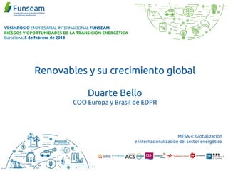 Renovables y su crecimiento global
Duarte Bello
COO Europa y Brasil de EDPR
MESA 4: Globalización
e internacionalización del sector energético
 